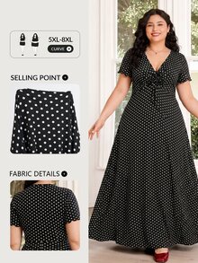 SHEIN CURVE+ 大尺碼休閒復古可愛 1960 年代優雅星空櫻桃印花 V 領洋裝，適合戶外茶會、早午餐、晚宴正式場合，2026 夏季 22W 黑色 - 黑與白 - 查看 8