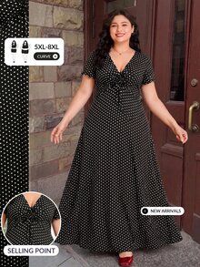 SHEIN CURVE+ 大尺碼休閒復古可愛 1960 年代優雅星空櫻桃印花 V 領洋裝，適合戶外茶會、早午餐、晚宴正式場合，2026 夏季 22W 黑色 - 黑與白 - 查看 9