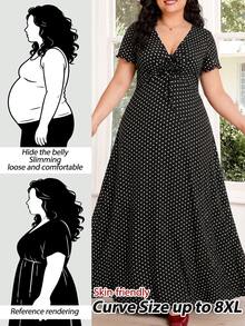 SHEIN CURVE+ 大尺碼休閒復古可愛 1960 年代優雅星空櫻桃印花 V 領洋裝，適合戶外茶會、早午餐、晚宴正式場合，2026 夏季 22W 黑色 - 黑與白 - 查看 2