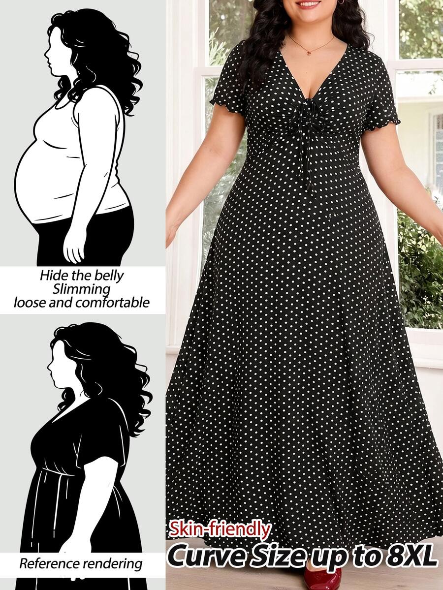 SHEIN CURVE+ 大尺碼休閒復古可愛 1960 年代優雅星空櫻桃印花 V 領洋裝，適合戶外茶會、早午餐、晚宴正式場合，2026 夏季 22W 黑色