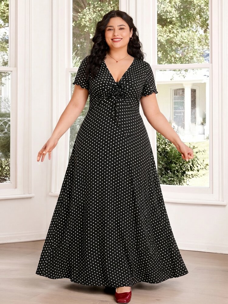 SHEIN CURVE+ Plus Size Casual Vintage Kawaii 1960s Elegant Celestial Cherry Print V-Neck Dress Outdoor Tea Party Brunch Evening Formal Summer 2026 22W Black - Black and White - View 5
