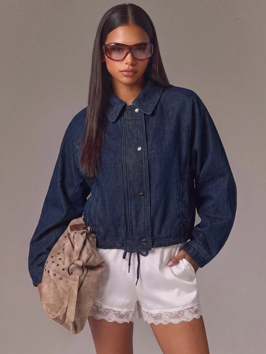 Athîral Denim جاكيت جينز نسائي بقصة فضفاضة باللون الكحلي، بتشطيب مغسول، أكمام راجلان، ياقة مدببة، أزرار أمامية، حاشية مربوطة، لون موحد، ملابس شارع عملية للخريف، للسفر، جاكيت - أزرق داكن - مشاهدة 1