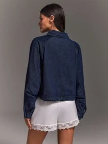 Athîral Denim جاكيت جينز نسائي بقصة فضفاضة باللون الكحلي، بتشطيب مغسول، أكمام راجلان، ياقة مدببة، أزرار أمامية، حاشية مربوطة، لون موحد، ملابس شارع عملية للخريف، للسفر، جاكيت - أزرق داكن - مشاهدة 5