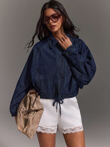 Athîral Denim جاكيت جينز نسائي بقصة فضفاضة باللون الكحلي، بتشطيب مغسول، أكمام راجلان، ياقة مدببة، أزرار أمامية، حاشية مربوطة، لون موحد، ملابس شارع عملية للخريف، للسفر، جاكيت - أزرق داكن - مشاهدة 3