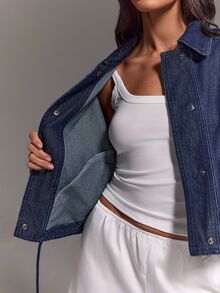 Athîral Denim جاكيت جينز نسائي بقصة فضفاضة باللون الكحلي، بتشطيب مغسول، أكمام راجلان، ياقة مدببة، أزرار أمامية، حاشية مربوطة، لون موحد، ملابس شارع عملية للخريف، للسفر، جاكيت - أزرق داكن - مشاهدة 6