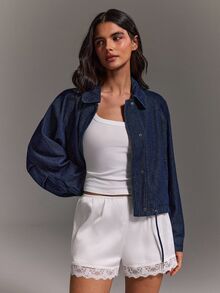 Athîral Denim جاكيت جينز نسائي بقصة فضفاضة باللون الكحلي، بتشطيب مغسول، أكمام راجلان، ياقة مدببة، أزرار أمامية، حاشية مربوطة، لون موحد، ملابس شارع عملية للخريف، للسفر، جاكيت - أزرق داكن - مشاهدة 7