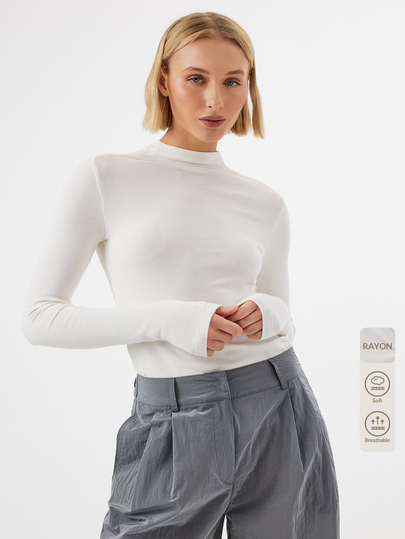 KÆRIA Hus Blusa blanca de manga larga para mujer, color liso, cuello alto, corte slim, versátil para uso diario, estilo minimalista, ideal para oficina, otoño y Día del Maestro