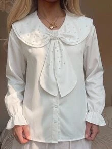 SHEIN 青少年女孩寬鬆休閒簡約舒適荷葉邊蝴蝶結繫帶串珠襯衫 開學季 - 白色 - 查看 6