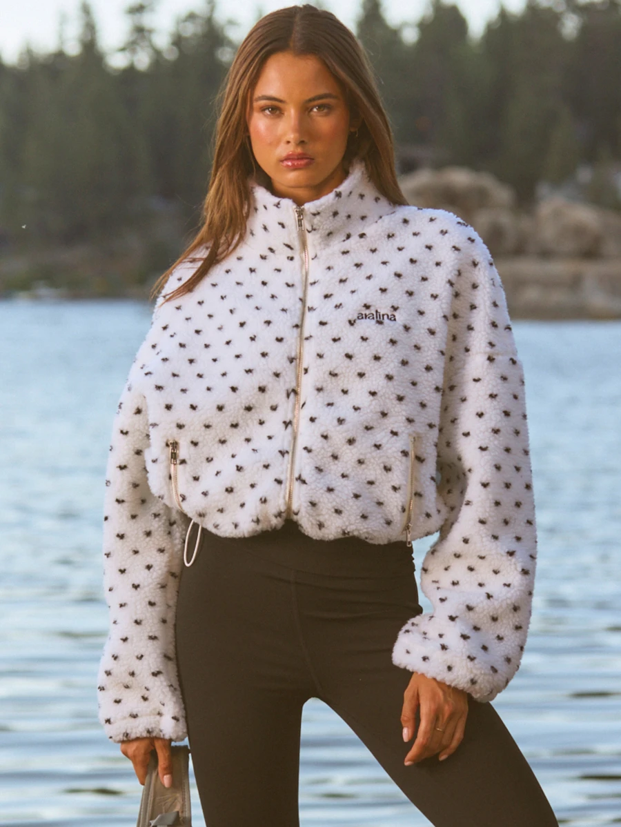 Aralina Leisurewear Active Spot Print Sherpa Fleece Zip Up Stand Collar Plush Drop Shoulder Cozy Winter Outerwear Pocket Jacket - Black and White - View 1