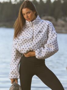 Aralina Leisurewear Active Spot Print Sherpa Fleece Zip Up Stand Collar Plush Drop Shoulder Cozy Winter Outerwear Pocket Jacket - Black and White - View 11
