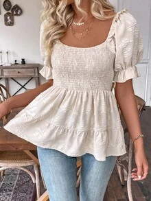 EMERY ROSE Women's Puff Sleeve Blouse With Cinching Waist Peplum Top - Apricot - View 5