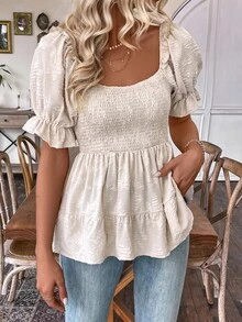 EMERY ROSE Women's Puff Sleeve Blouse With Cinching Waist Peplum Top - Apricot - View 1