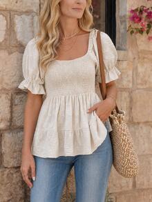 EMERY ROSE Women's Puff Sleeve Blouse With Cinching Waist Peplum Top - Apricot - View 3