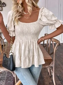 EMERY ROSE Women's Puff Sleeve Blouse With Cinching Waist Peplum Top - Apricot - View 6