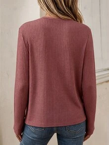 SHEIN LUNE Kaos Atasan Musim Gugur Serbaguna dengan Leher Bulat dan Tekstur Rajut, Lipatan Elastis, Warna Dusty Rose - Dusty Pink - View 3
