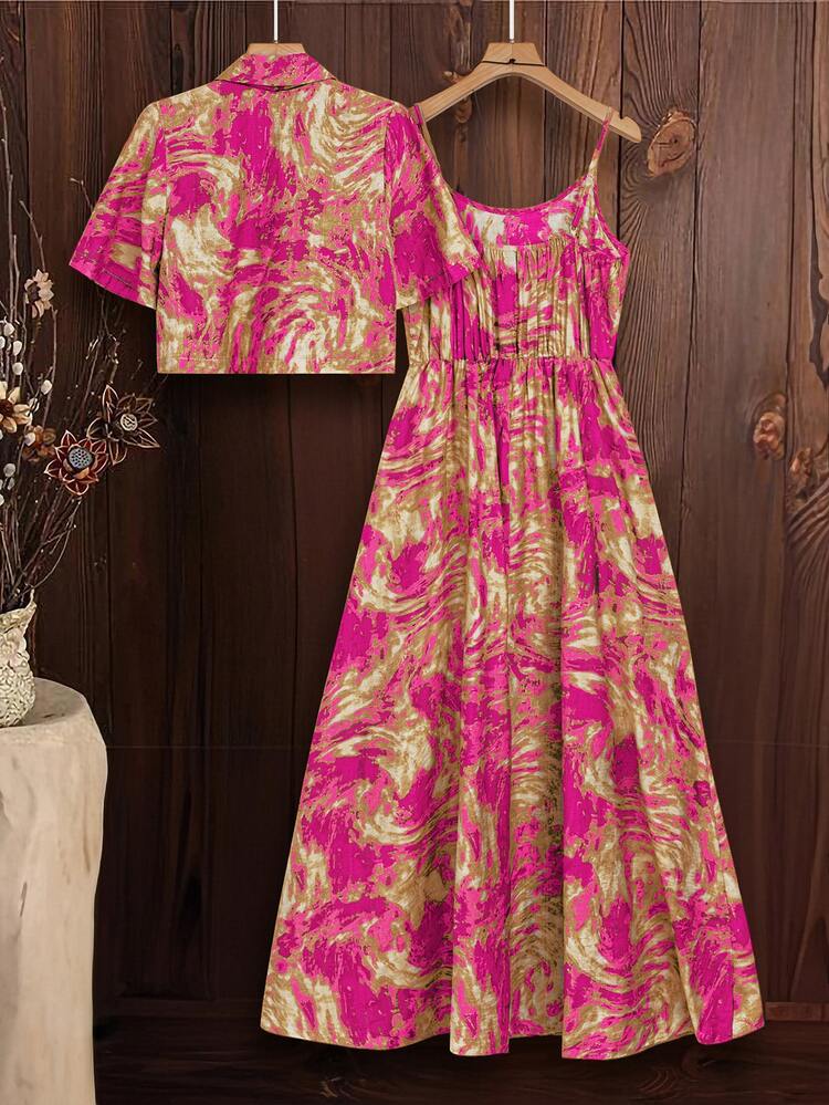 EMERY ROSE 2pcs Women's Vacation Casual Tie Dye Slip Dress With Short Sleeve Button-Up Shirt Set - Hot Pink - View 2