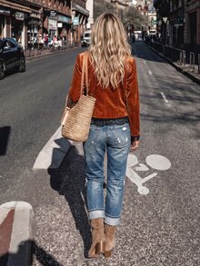 Omancia Jaket Wanita Lengan Panjang Kancing Tunggal dengan Detail Renda Kontras, Model Terbaru Musim Gugur/Dingin - Rust Brown - View 2