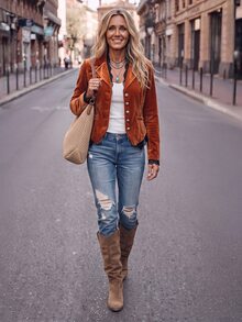 Omancia Jaket Wanita Lengan Panjang Kancing Tunggal dengan Detail Renda Kontras, Model Terbaru Musim Gugur/Dingin - Rust Brown - View 6