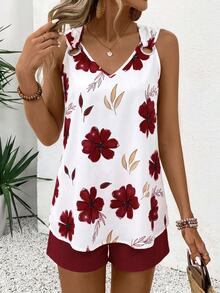 EMERY ROSE V-Neck Sleeveless Casual Minimalist Striped Women's Two Pieces Set Beach White Floral Dark Red Summer - Burgundy - View 5