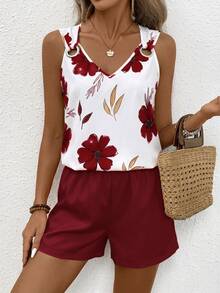EMERY ROSE V-Neck Sleeveless Casual Minimalist Striped Women's Two Pieces Set Beach White Floral Dark Red Summer - Burgundy - View 7