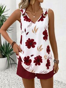 EMERY ROSE V-Neck Sleeveless Casual Minimalist Striped Women's Two Pieces Set Beach White Floral Dark Red Summer - Burgundy - View 6