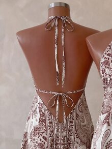 EMERY ROSE Women's Summer Vacation Style Printed Open Back Drawstring Dress Holiday Holiday Vacation Beige Boho - Brown - View 7