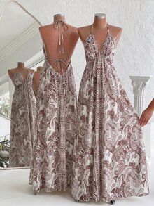 EMERY ROSE Women's Summer Vacation Style Printed Open Back Drawstring Dress Holiday Holiday Vacation Beige Boho - Brown - View 4