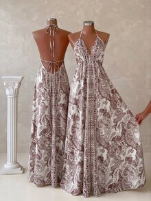 EMERY ROSE Women's Summer Vacation Style Printed Open Back Drawstring Dress Holiday Holiday Vacation Beige Boho - Brown - View 2