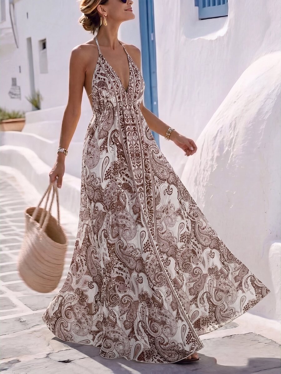 EMERY ROSE Women's Summer Vacation Style Printed Open Back Drawstring Dress Holiday Holiday Vacation Beige Boho - Brown - View 1