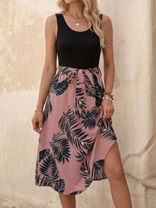 EMERY ROSE Women's Sleeveless Patchwork Bohemian Holiday Leaf Print A-Line Short Dress - Pink - View 3