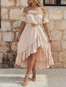 EMERY ROSE Vestido de fiesta de moda con hombros descubiertos y drapeado de unicolor para mujer - Caqui - Ver 3