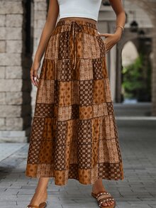EMERY ROSE Saia Estilo Vintage Estampada Simples Diária Evasê Outono para Mulheres - Café - Visão 4