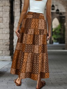 EMERY ROSE Saia Estilo Vintage Estampada Simples Diária Evasê Outono para Mulheres - Café - Visão 2