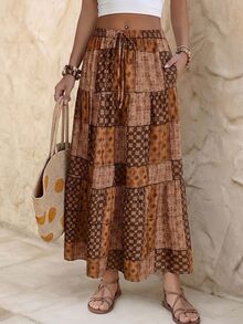 EMERY ROSE Saia Estilo Vintage Estampada Simples Diária Evasê Outono para Mulheres - Café - Visão 3