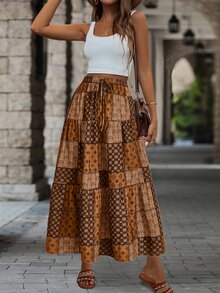 EMERY ROSE Saia Estilo Vintage Estampada Simples Diária Evasê Outono para Mulheres - Café - Visão 7