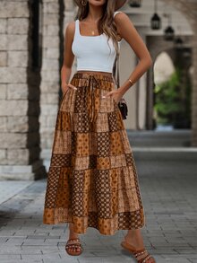 EMERY ROSE Saia Estilo Vintage Estampada Simples Diária Evasê Outono para Mulheres - Café - Visão 6