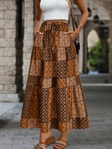 EMERY ROSE Saia Estilo Vintage Estampada Simples Diária Evasê Outono para Mulheres - Café - Visão 5