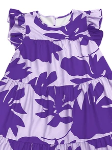 EMERY ROSE Women's Casual Tropical Plant Print Round Neck Ruffle Sleeve Dress, Suitable For Vacation Vacation Beach Purple Floral Summer - Mauve Purple - View 6