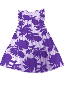 EMERY ROSE Women's Casual Tropical Plant Print Round Neck Ruffle Sleeve Dress, Suitable For Vacation Vacation Beach Purple Floral Summer - Mauve Purple - View 2