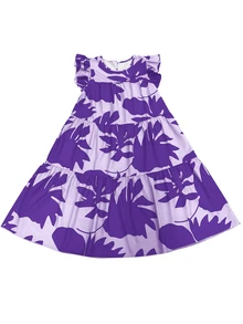 EMERY ROSE Women's Casual Tropical Plant Print Round Neck Ruffle Sleeve Dress, Suitable For Vacation Vacation Beach Purple Floral Summer - Mauve Purple - View 7