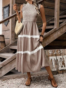 EMERY ROSE Women Sleeveless Casual Striped Frill Hem Mini Dress - Brown - View 6