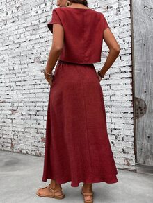 EMERY ROSE Women's Solid Color Round Neck Short Sleeve Casual Boho Loose Top And Skirt 2-Piece Set Brunch Vacation Burgundy Summer - Burgundy - View 2