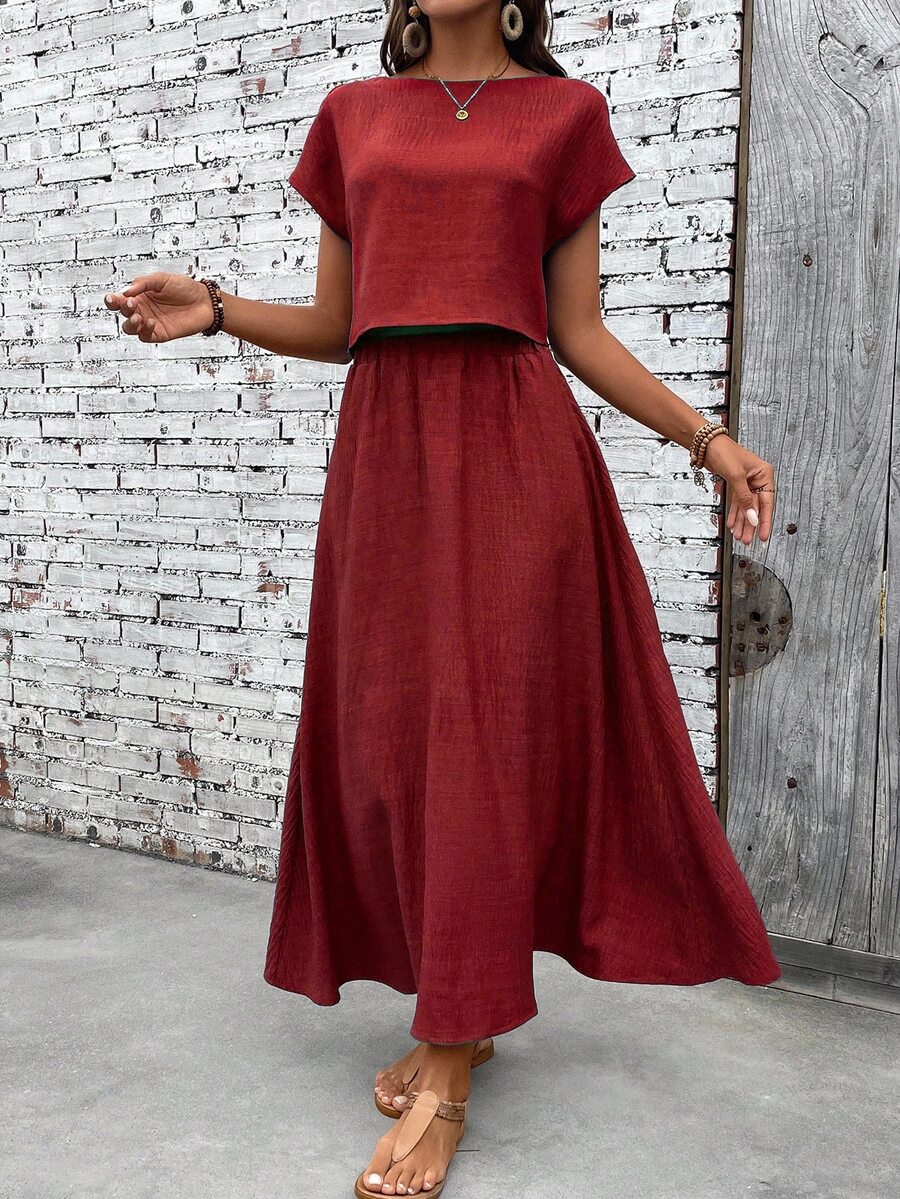 EMERY ROSE Women's Solid Color Round Neck Short Sleeve Casual Boho Loose Top And Skirt 2-Piece Set Brunch Vacation Burgundy Summer - Burgundy - View 1