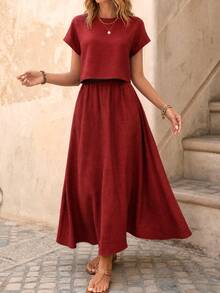 EMERY ROSE Women's Solid Color Round Neck Short Sleeve Casual Boho Loose Top And Skirt 2-Piece Set Brunch Vacation Burgundy Summer - Burgundy - View 3