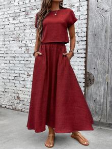 EMERY ROSE Women's Solid Color Round Neck Short Sleeve Casual Boho Loose Top And Skirt 2-Piece Set Brunch Vacation Burgundy Summer - Burgundy - View 5