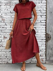 EMERY ROSE Women's Solid Color Round Neck Short Sleeve Casual Boho Loose Top And Skirt 2-Piece Set Brunch Vacation Burgundy Summer - Burgundy - View 4