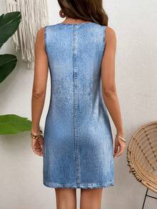 EMERY ROSE Women's Summer Vacation Sleeveless Denim Effect Mini Dress - Light Wash - View 2