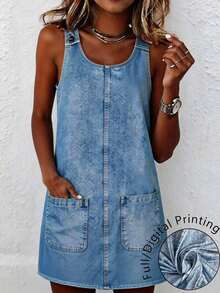 EMERY ROSE Women's Summer Vacation Sleeveless Denim Effect Mini Dress - Light Wash - View 1