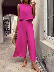 EMERY ROSE Women's Solid Color Round Neck Top And Wide Leg Pants Casual 2 Pieces Set - Red Violet - View 5