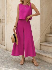 EMERY ROSE Women's Solid Color Round Neck Top And Wide Leg Pants Casual 2 Pieces Set - Red Violet - View 3